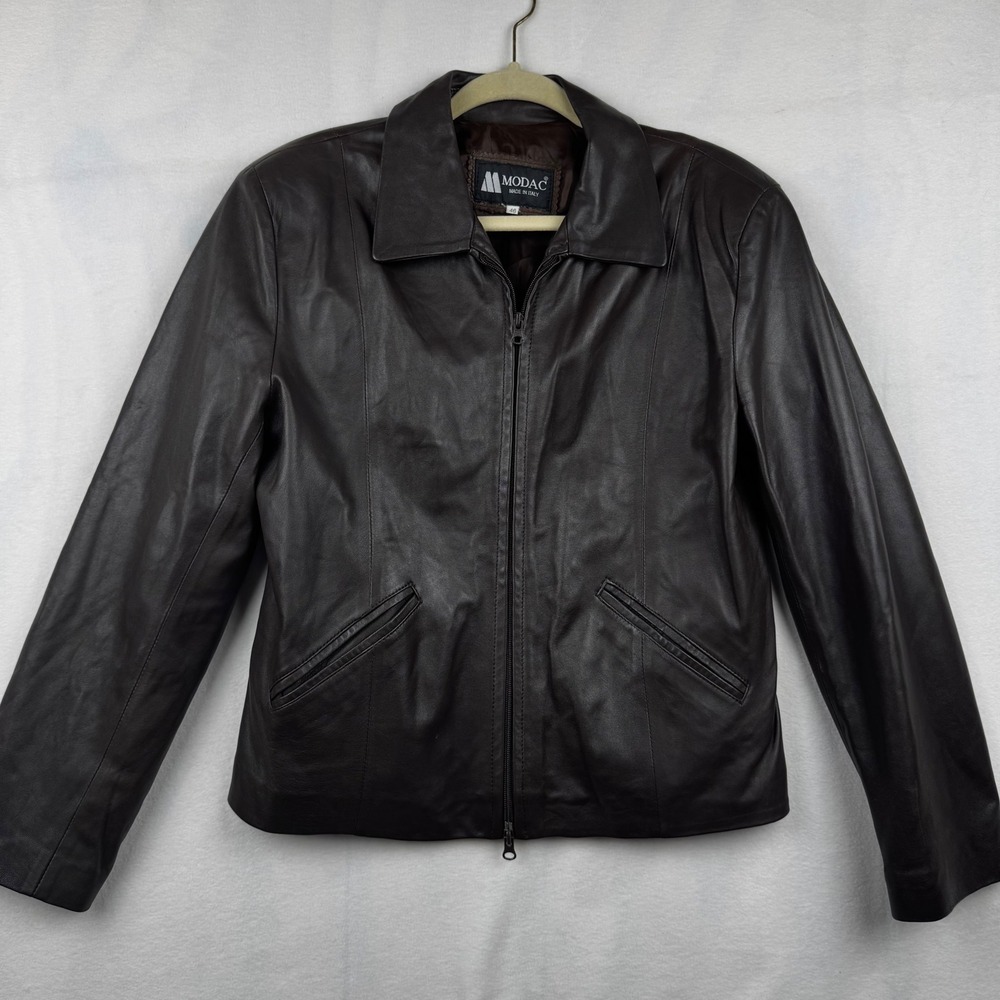 Modac Made In Italy Women's Brown‎ Leather Full Zip Jacket Classic Style 46